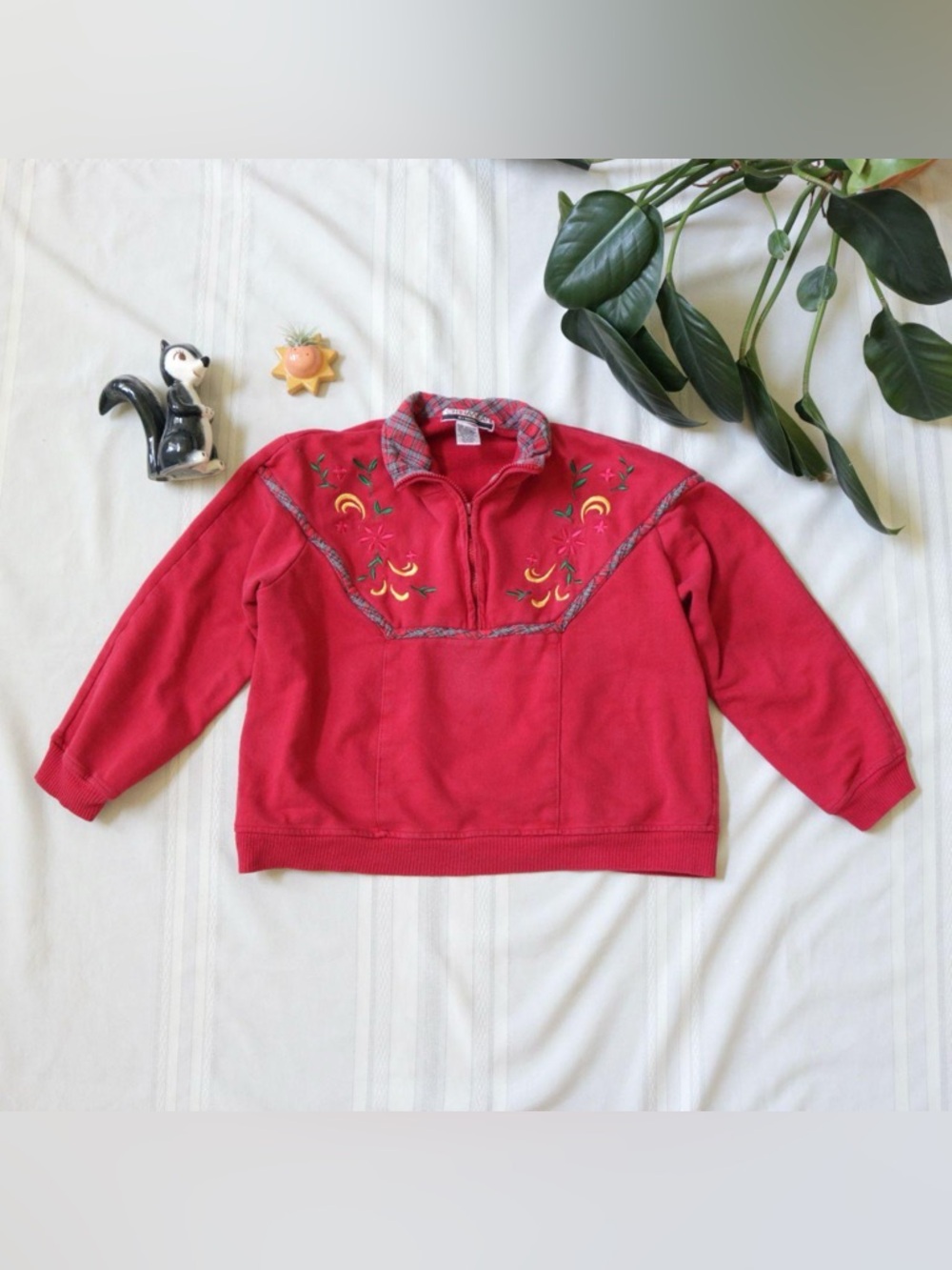 Chinawear by Morsly red floral embroidered quarter zip sweater